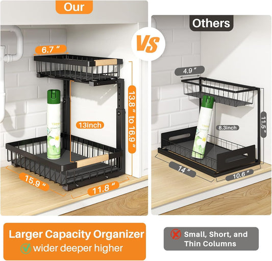 Under Sink Organizer, Adjustable Height, 2 Tier Pull Out Under Cabinet Organizer, Slide Out Thickened Metal Under Sink Storage for Kitchen Bathroom Laundry Pantry Cabinet, White, Large-2-Pack