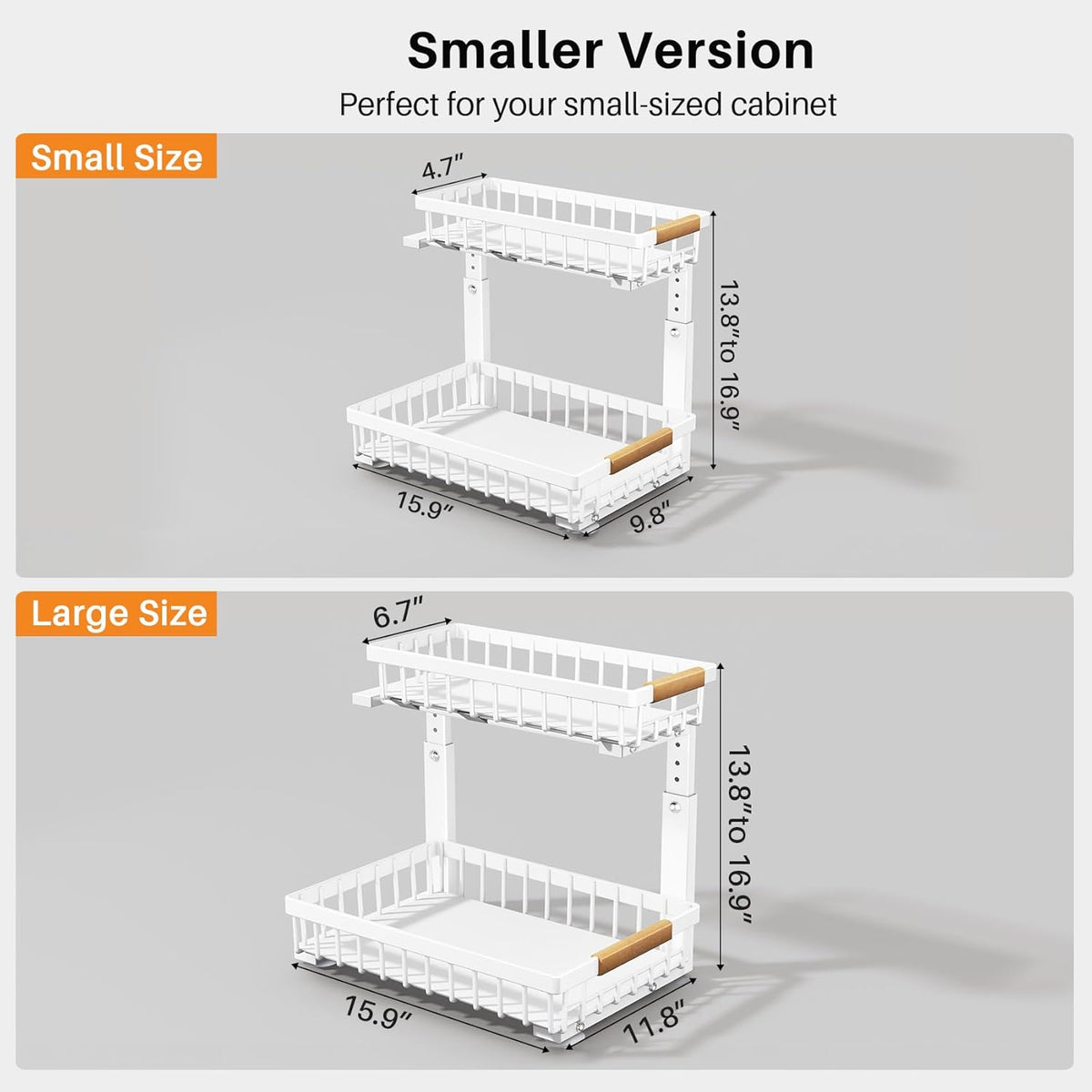 Under Sink Organizer, Adjustable Height, 2 Tier Pull Out Under Cabinet Organizer, Slide Out Thickened Metal Under Sink Storage for Kitchen Bathroom Laundry Pantry Cabinet, White, Large-2-Pack