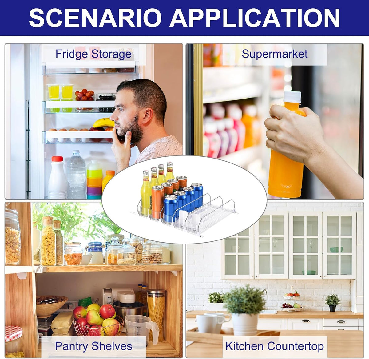 6pcs Soda Can Organizer for Refrigerator, Self-Pushing Drink Organizer for Fridge, Width Adjustable Drink Dispenser Beverage Pusher For Pantry Vending Machine, Black