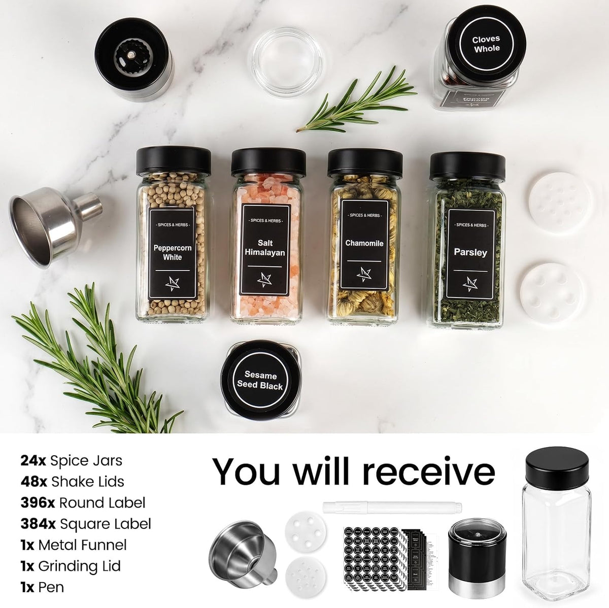 Glass Spice Jars with Grinder Lid 24 Pack 4 oz Black Stainless | 780 Labels (Round+Square), Shaker Inserts, Funnel, Airtight Seal, Bonus Grinder Lid for Fresh Grinding