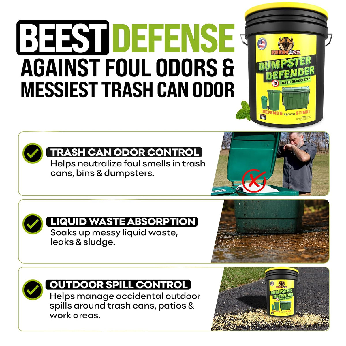 Dumpster Defender - 1.5lbs Outdoor Trash Can Deodorizer & Liquid Waste Absorber (Made in USA) Biodegradable Trash Can Odor Eliminator - Powerful Garbage Deodorizer for Always-Fresh Bins - 7 Cups