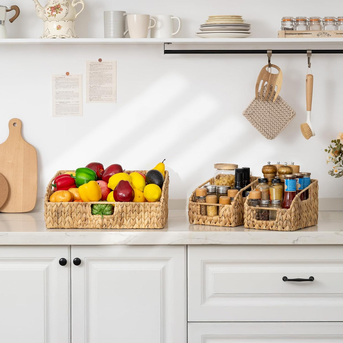 StorageWorks Pantry Baskets for Organizing, Water Hyacinth Baskets for shelves with Built-in Handles, Pantry Organizers and Storage, Set of 2 (Large and Medium)
