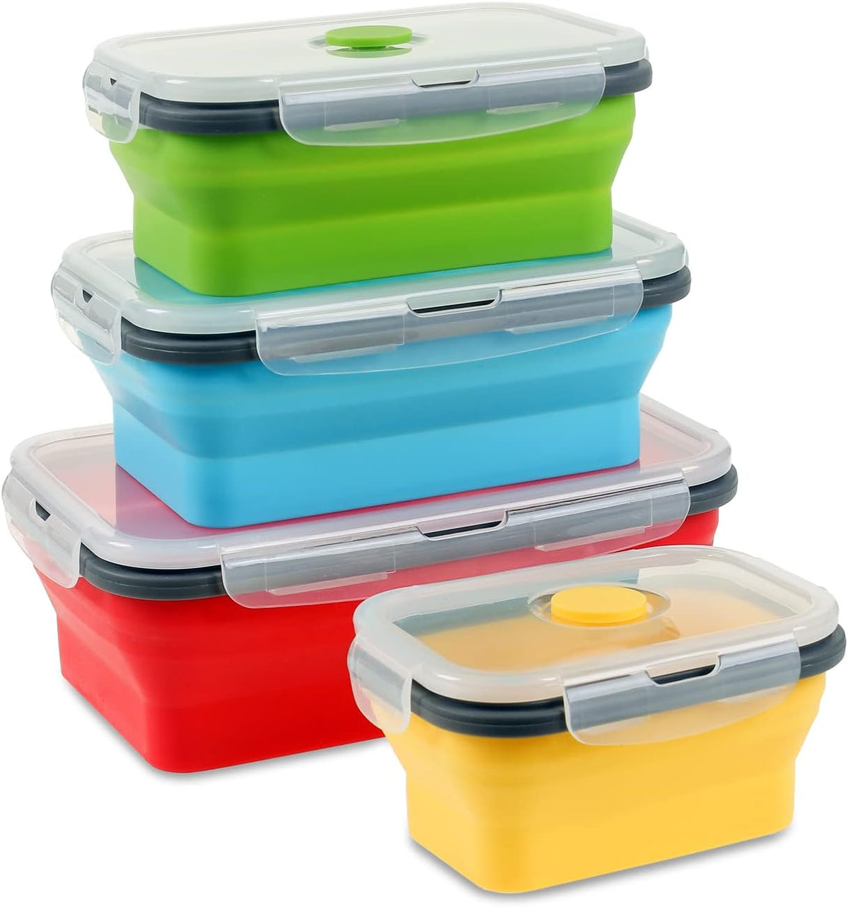 Collapsible Food Storage Containers with Lid & Air Vent, 16 Pack, 8 Rectangular + 8 Round, Foldable Silicone Lunch Containers Collapsible Bowls Set, Microwave Freezer Dishwasher Safe, 4-Color