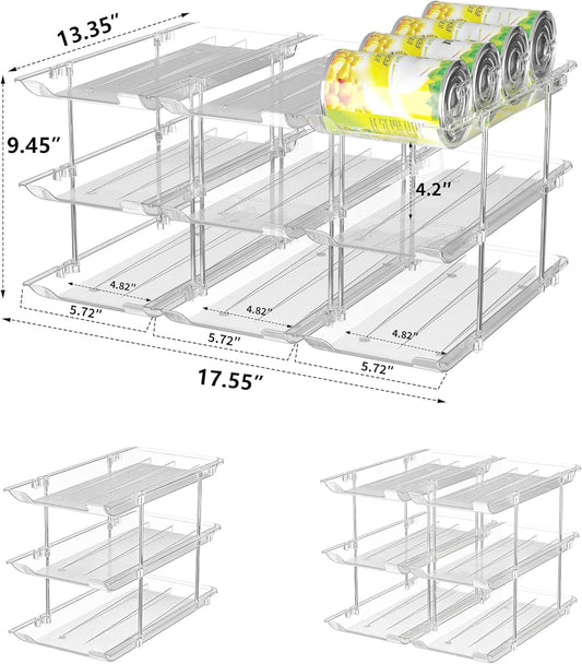 Can Organizer for Pantry, Stackable Food Pantry Storage Rack, 3 Tier | Automatic Rolling, Modular Storage, Clear Acrylic, Holds 36 Cans for Pantry, Cabinet & Fridge, Space Saving, Easy to Refill