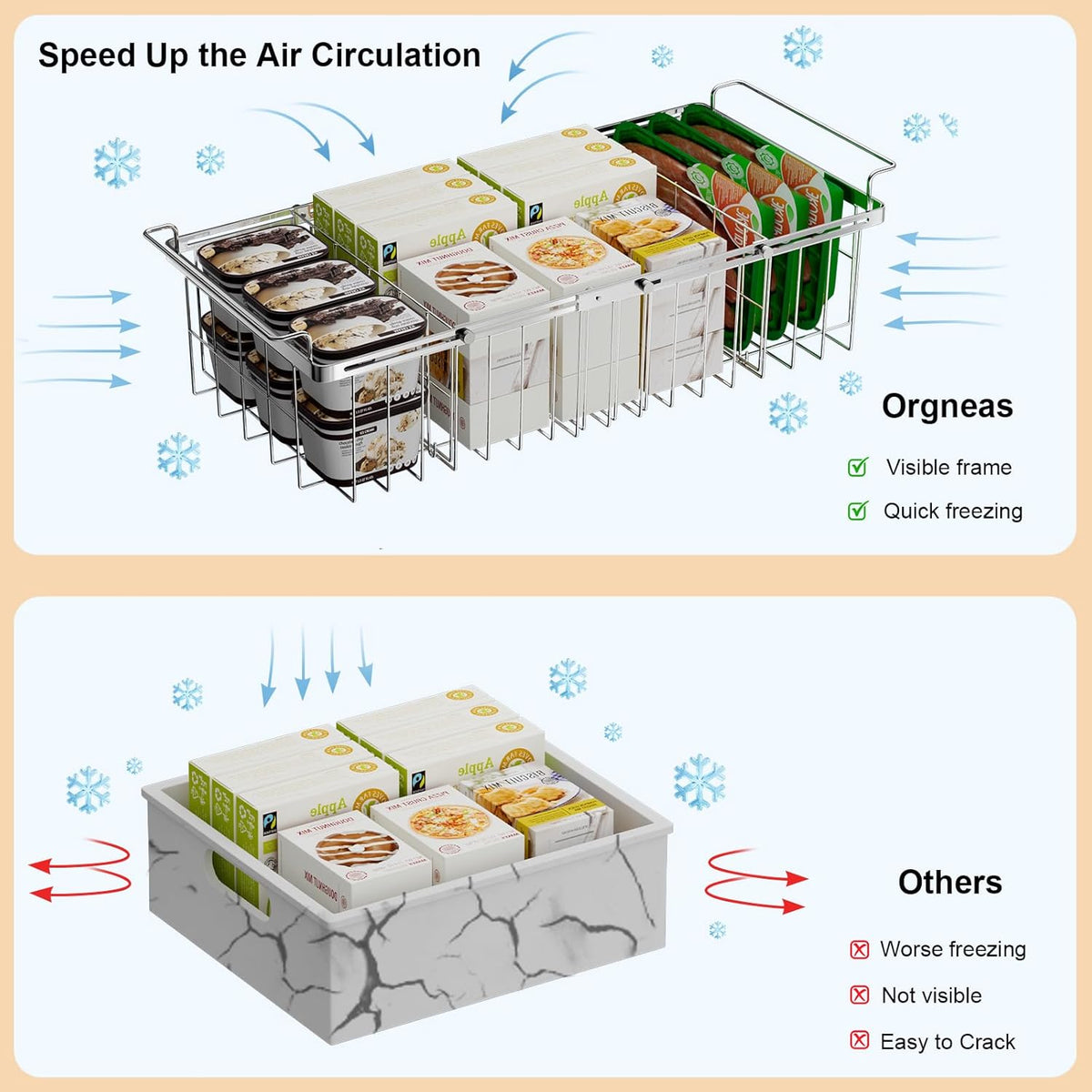 Chest Freezer Organizer Bins with Dividers, 2Pcs Large Capacity Deep Freezer Baskets Expandable From 15.5" to 24.5" with Removable Divider Sheets for Easy Sort and Organize Frozen Food