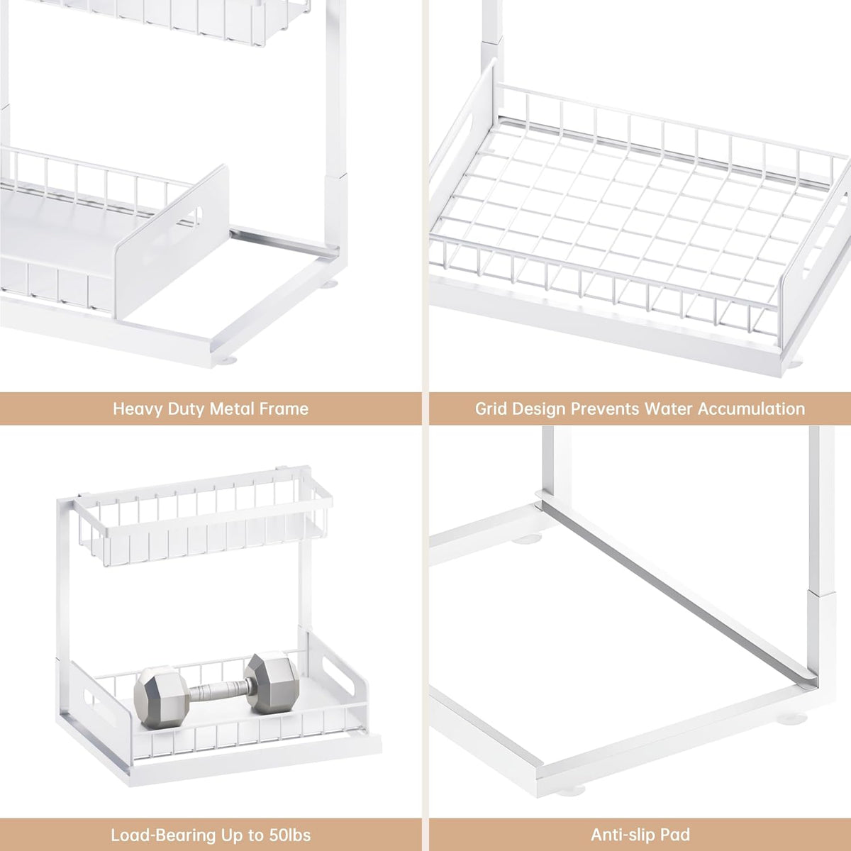 Under Sink Organizer and Storage 2 Pack, Slide Out Cabinet Organizer, Pull Out Sink Shelf for Kitchen Bathroom Laundry, White