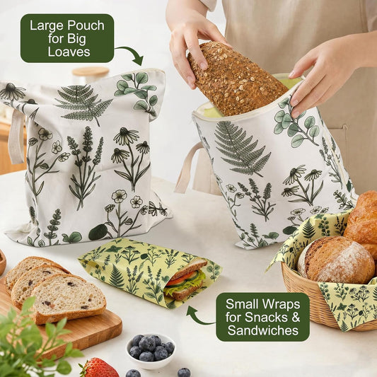Reusable Beeswax Bread Bags & Wraps Set - 2 XL Sourdough Bags (17“x13")