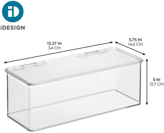 iDesign Plastic Stackable Hinged-Lid Storage Box for Kitchen, Bathroom, or Office - Clear