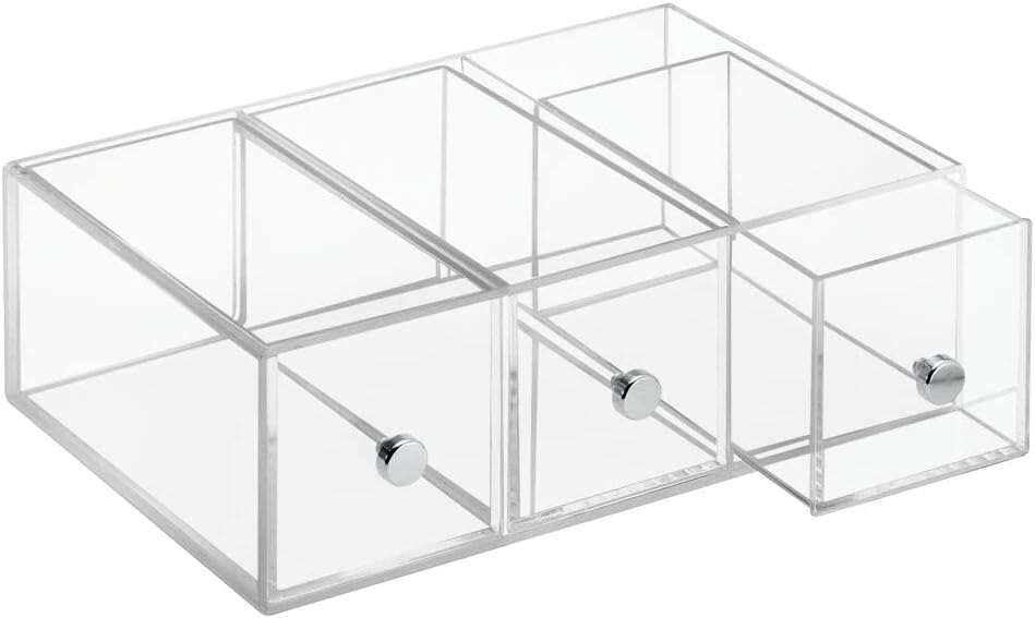 mDesign Plastic Kitchen Pantry Stackable Storage Organizer Container Station with 3 Drawers for Cabinet, Countertop, Holds Coffee, Tea, Sugar Packets, Creamers - Lumiere Collection - Clear