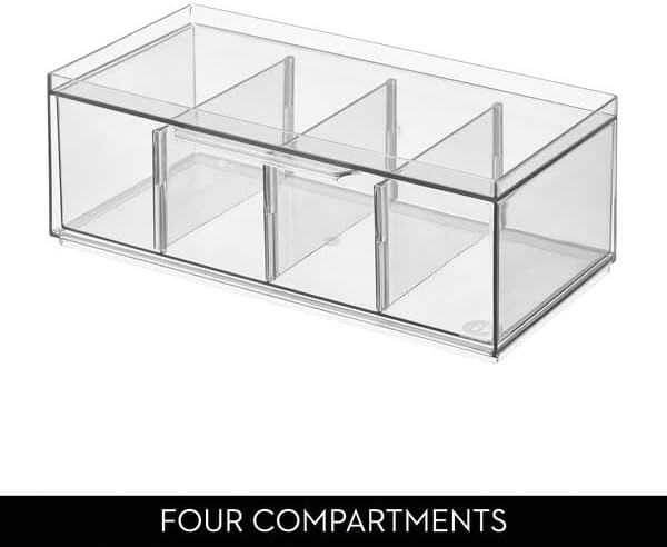 iDesign XL Tea Bag Organizer for Counter, 4-Section Clear Stackable Tea Storage Drawer for Cabinet