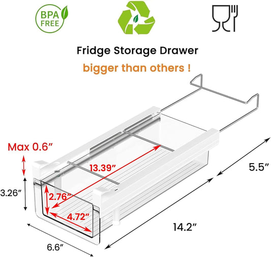 Large Fridge Under Shelf Drawer, Pull Out Refrigerator Drawer Organizer Fridge Organizer Bins, Fridge Storage Container Holder for Produce, Deli Meat, Cheese, Bacon, Easy to Install-L