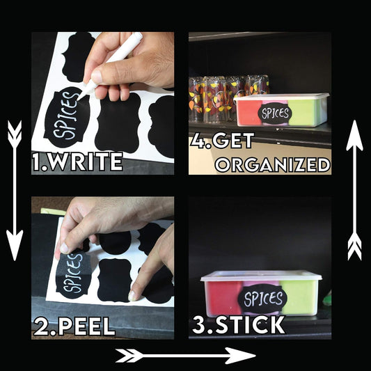 Chalkboard Label Stickers - 9 Assorted Shapes in 3 Sizes with 2 White Chalk Marker, Reusable Waterproof Label for Storage Bin, Food Container, Jars, Containers