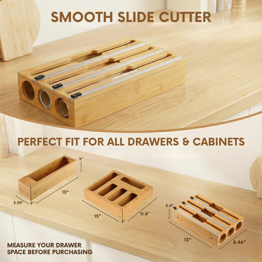 9 in 1 Storage Bag Organizer for Kitchen Drawer, Bamboo Foil and Plastic Wrap with Cutter, Ziplock Bag Organizer for Quart, Gallon, Sandwich & Snack Bags