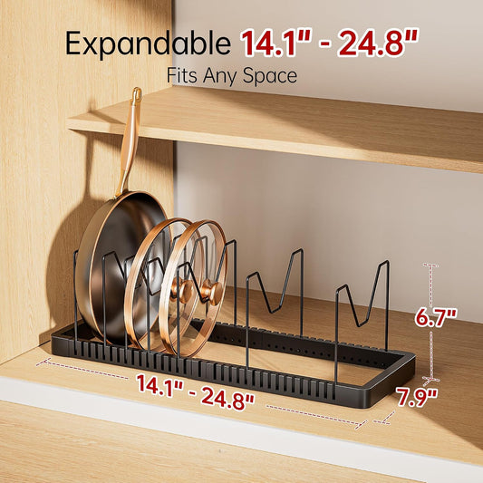 Expandable Pot Lid Organizer, Solid Metal Under‑Cabinet Pots and Pan Storage Rack 14.1''‑24.8'', Fits Bakeware & Cookie Sheets with 10 Adjustable Dividers