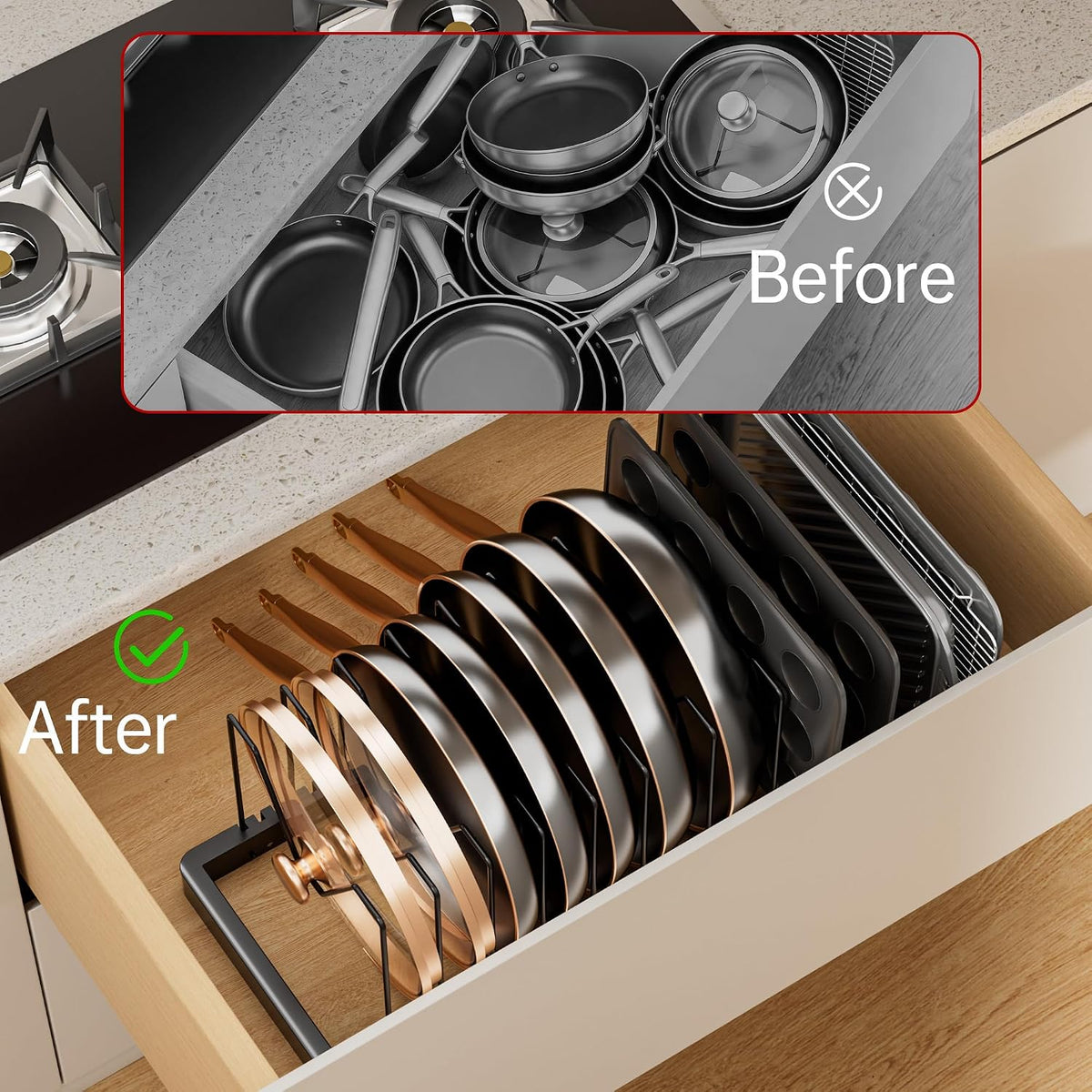 Expandable Pot Lid Organizer, Solid Metal Under‑Cabinet Pots and Pan Storage Rack 14.1''‑24.8'', Fits Bakeware & Cookie Sheets with 10 Adjustable Dividers