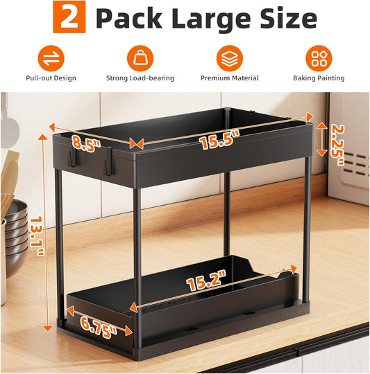 Under Sink Organizer, Sink Pull-Out Sliding Storage Cabinet, 2-Tier Under Shelf Organizer for Kitchen Bathroom, Black