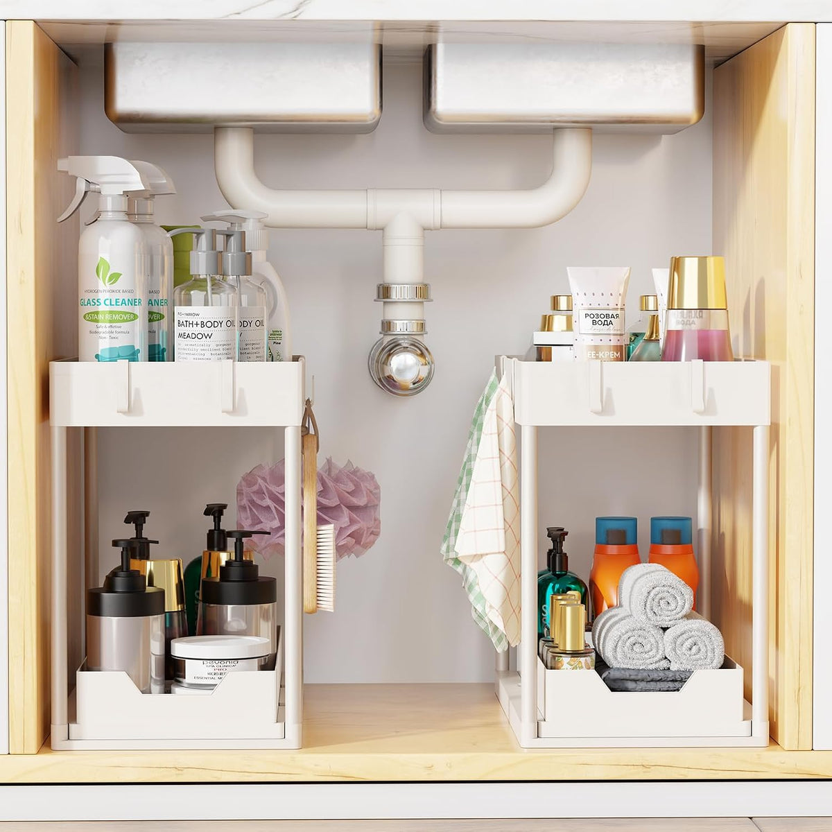 Under Sink Organizer, Sink Pull-Out Sliding Storage Cabinet, 2-Tier Under Shelf Organizer for Kitchen Bathroom, Black