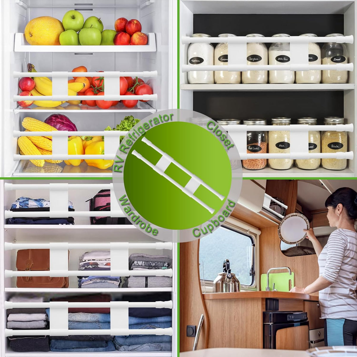 4 Sets Double RV Refrigerator Bars, 15.8-27.6 Inches Non-Slip Adjustable RV Fridge Tension Rods, for Camper Refrigerator, Kitchen, Bookshelf, Cupboard-White