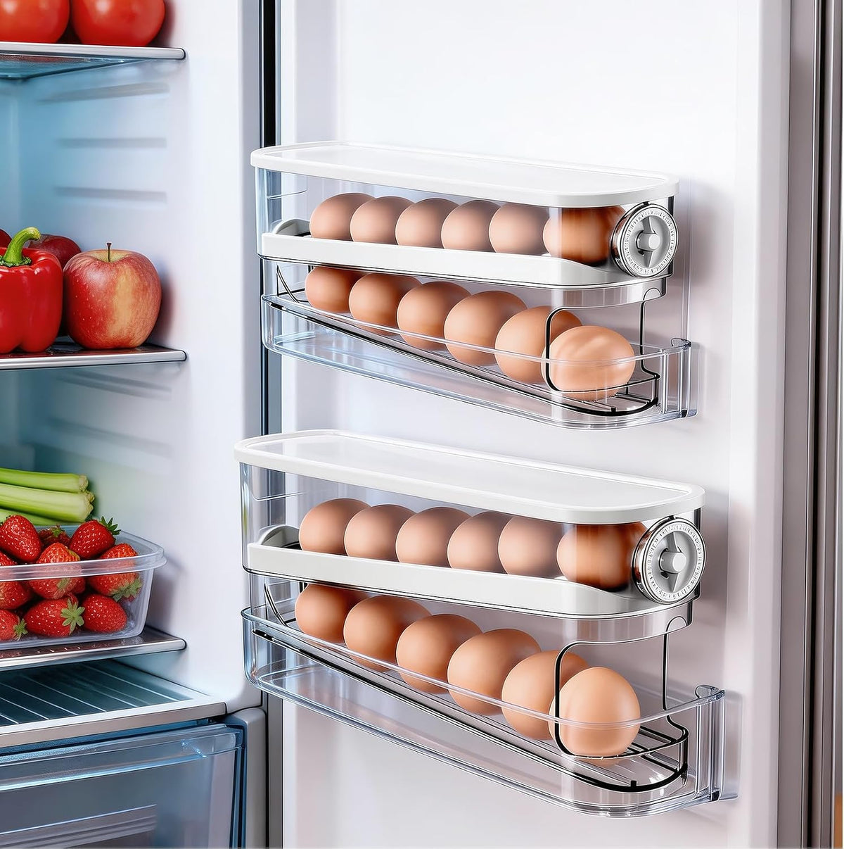 Auto Rolling Egg Holder for Fridge, Egg Dispenser/Organizer/Storage/Container with Lid for Refrigerator, Sturdy and Durable Space-Saving Egg Tray for 12 Large Eggs