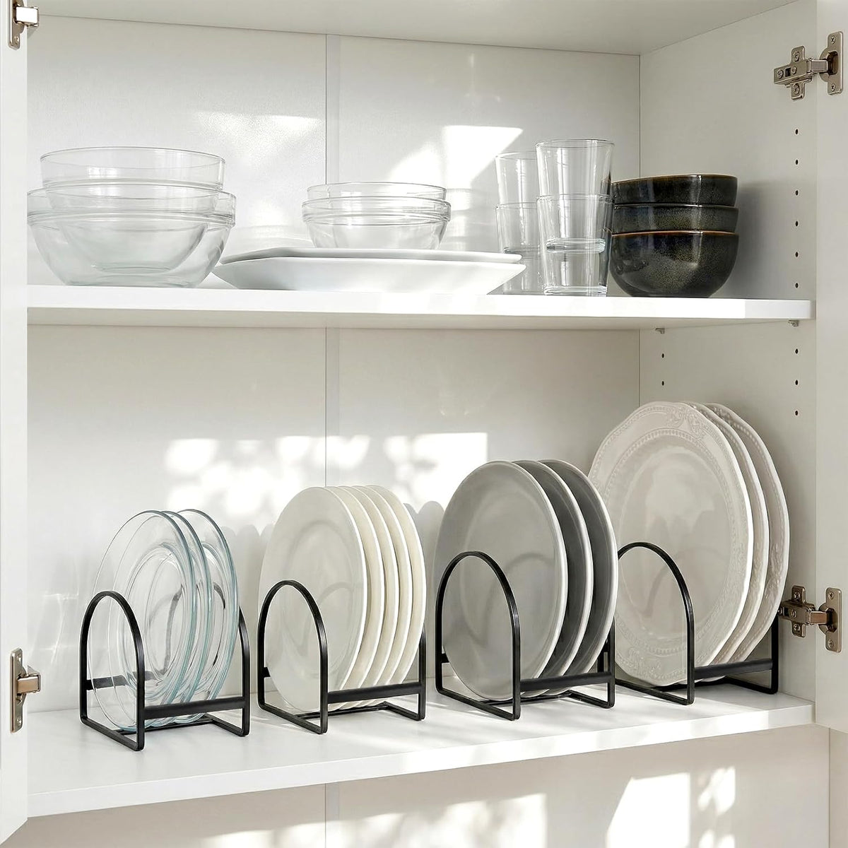 4 Pack Vertical Dish Storage Organizer, Metal Plate Rack Organizer for Cabinet, Space Saver Dish Drying Rack for Cupboard and Countertop (2 Sizes)