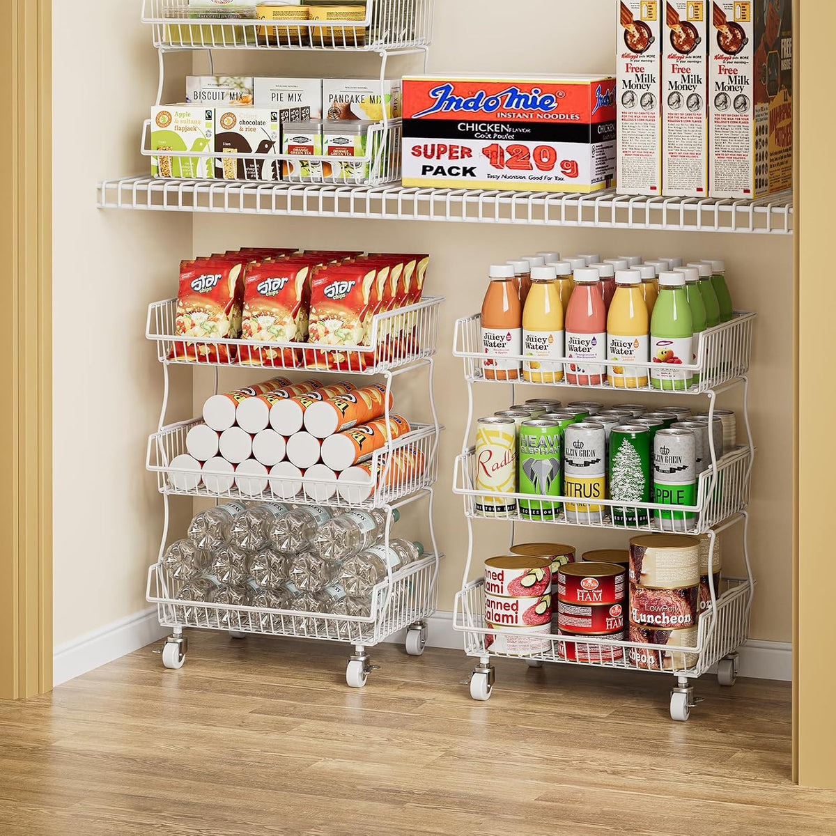 3-Tier Rolling Pantry Floor Organizers and Storage Cart with Wheels