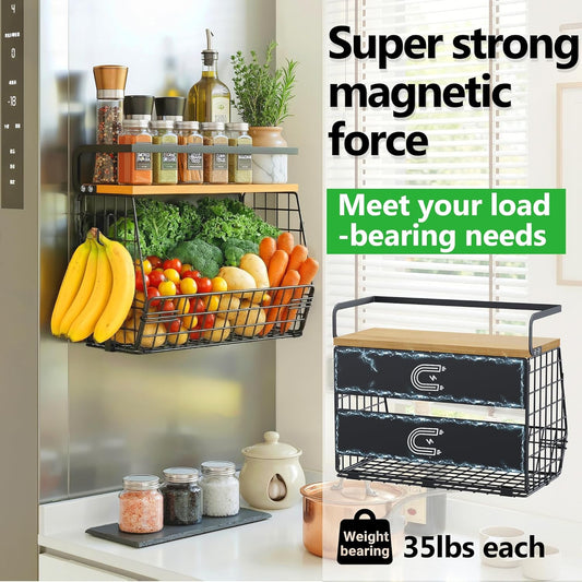 Magnetic Shelf for Fridge with Wood Lid, Fruit Potato & Onion Storage Bins, Magnetic Spice Rack for Refrigerator Pantry Organizer & Storage, Large Container for Refrigerator, Kitchen Counter & Laundry