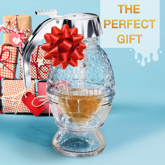 Honey Dispenser with Stand - No Drip Glass Honey Jar & Dipper, 8oz
