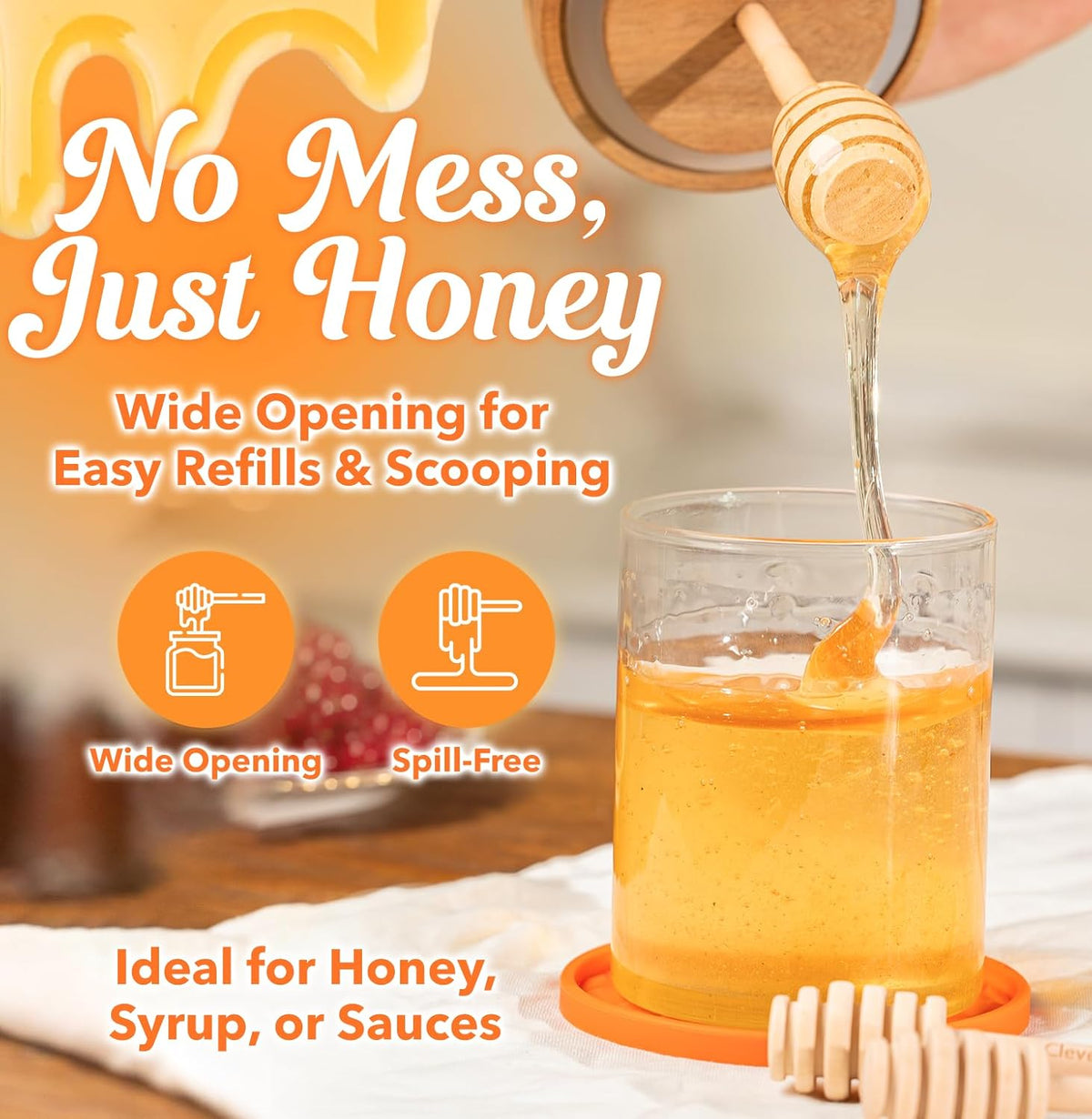 Honey Dispenser with Stand - No Drip Glass Honey Jar & Dipper, 8oz