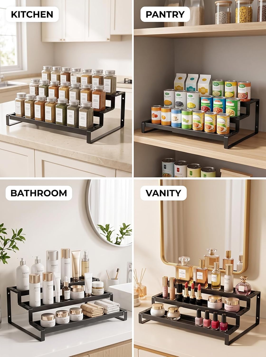 3-Tier Spice Rack Organizer For Cabinet,Countertop Pantry Kitchen Organizer,Metal Display Rack, Suitable For Various Cans And Bottles.