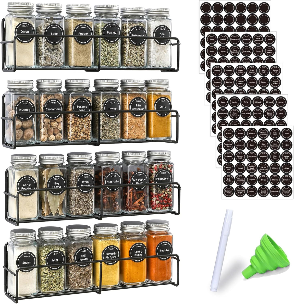 Magnetic Spice Rack, 4 Pack, 24 Square Glass Jars with Lids, Quick-Find Pre-Printed Labels, Funnel, Space Saver, Refrigerator and Microwave Oven Organizer