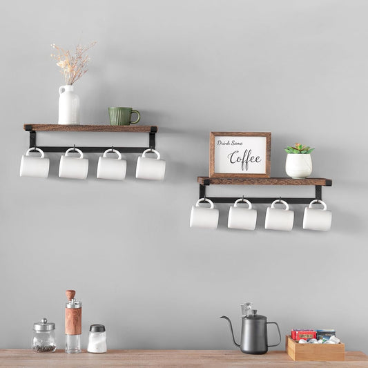 Coffee Mug Holder Wall Mount with Hooks, 2 Pack Wood Cup Shelf, Brown