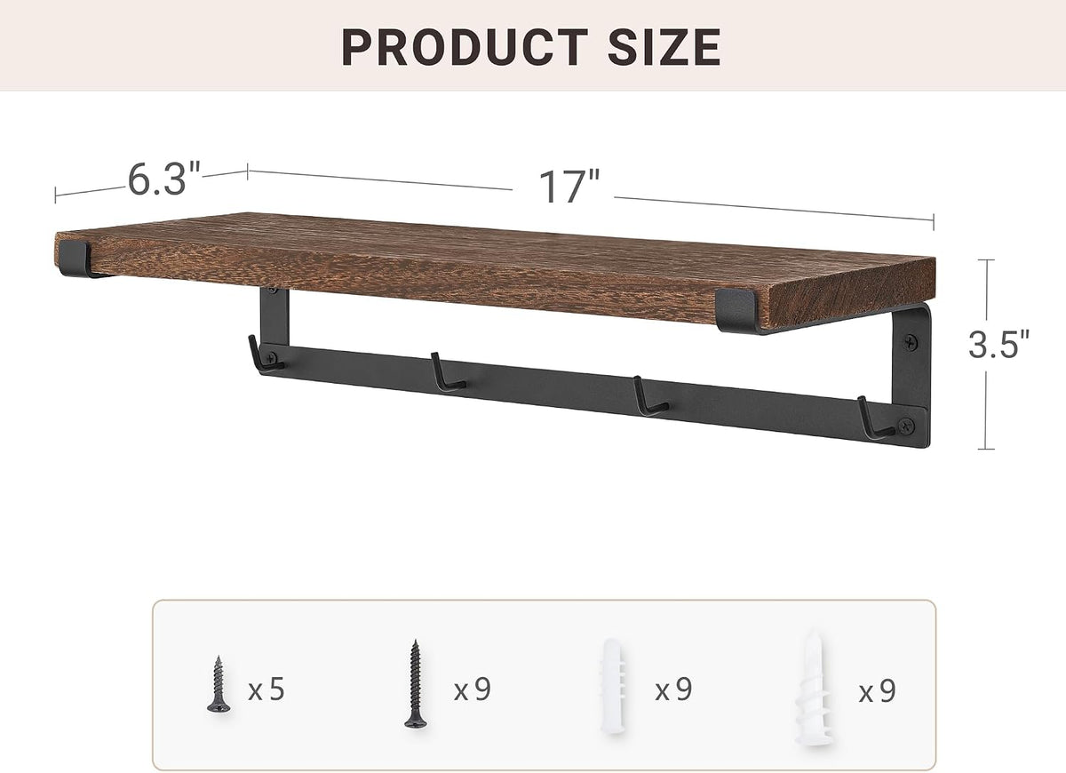 Coffee Mug Holder Wall Mount with Hooks, 2 Pack Wood Cup Shelf, Brown