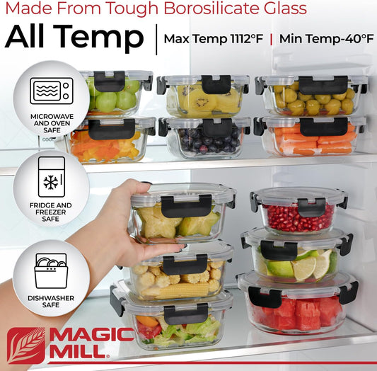 Premium Borosilicate Glass Food Storage Containers with lids Set | 24pc Sets with 12 Bowls & 12 Airtight Locking Lids for Lunch & Meal Prep, Safe for Oven, Freezer, Dishwasher, BPA-Free