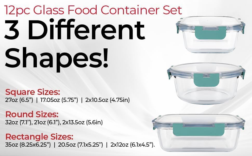 Premium Borosilicate Glass Food Storage Containers with lids Set | 24pc Sets with 12 Bowls & 12 Airtight Locking Lids for Lunch & Meal Prep, Safe for Oven, Freezer, Dishwasher, BPA-Free