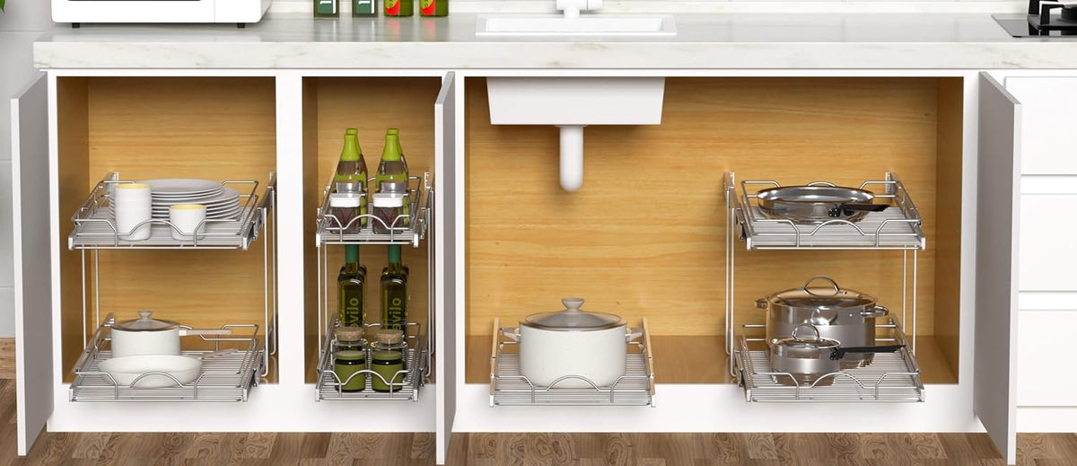 2 Tier Pull Out Cabinet Organizer (14" W x 21" D), Pull Out Drawers for Kitchen Cabinets, Pull Out Shelves for Base Cabinet Organization in Kitchen Bathroom Pantry, Chrome Finish