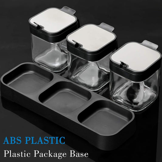 3 Pack Condiment Jars, Spice Containers with Lids and Spoons, Black