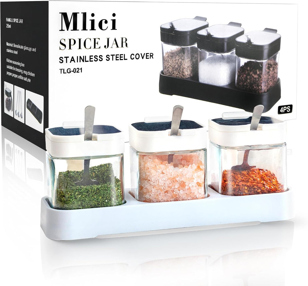3 Pack Condiment Jars, Spice Containers with Lids and Spoons, Black