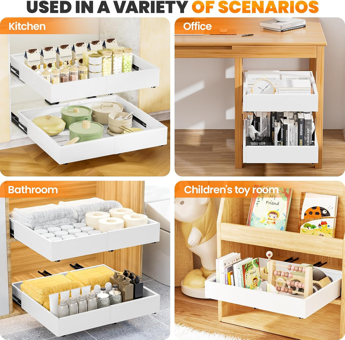 Pull Out Cabinet Organizer, Expandable Width (11.4"-19.4") and Depth (16.7"-21") With 3 Rails, Heavy Duty Slide out Drawers for Kitchen Base Cabinet Organization, No Drill, White