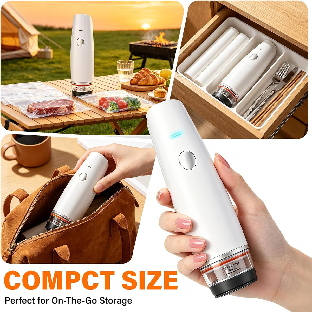 80kPa Compact Vacuum Sealer for Food (Vacuum Sealer Machine + 30 Reusable Bags), Cordless Handheld Vacuum Sealer Machine Portable Mini Food Sealer for Sous Vide & Meal Prep-Blue