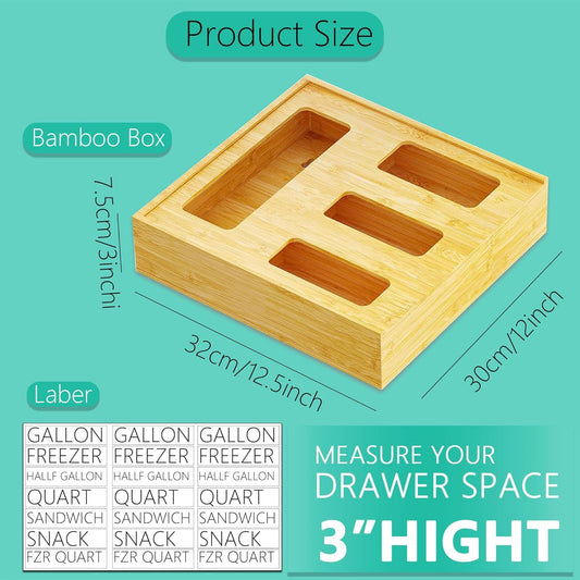 Bamboo Plastic Bag Holder for Storage,3" High Ziplock Bag Organizer,Grocery Bags Organizer Variety Size,Kitchen Drawer Organizers with 4 Slots (1)
