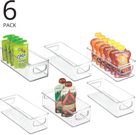 Plastic Stackable Small Organizing Bin Kitchen Pantry Cabinet, Refrigerator, Freezer Food Organization Storage Bins with Handles, Drawer Container Organizer, Ligne Collection, 6 Pack - Clear