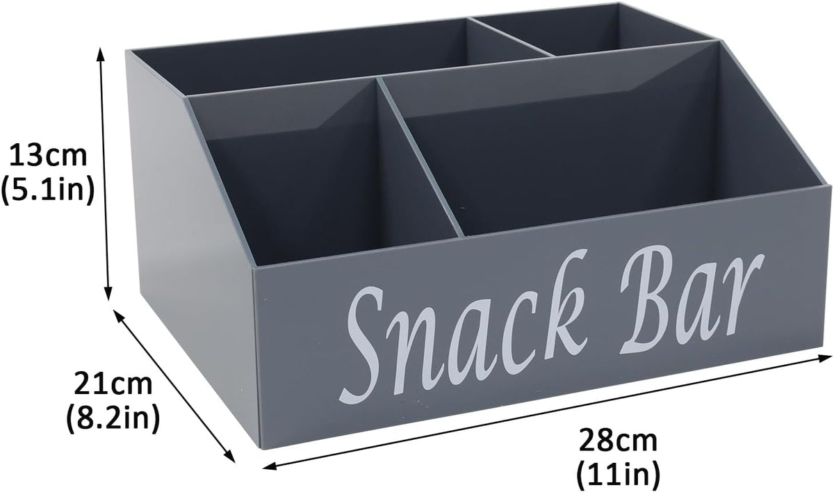 Snack Organizer for Countertop - Acrylic Storage Container With 4 Compartments for Kitchen Cabinet Pantry - Black Snack Bar Station