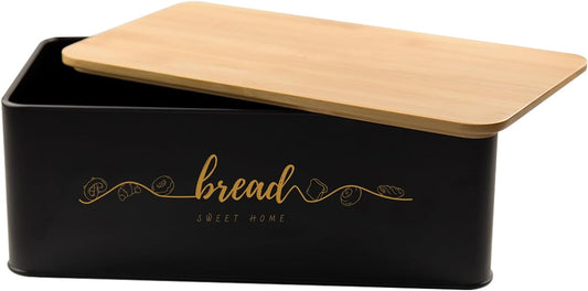 Bread Box with Bamboo Cutting Board Lid, Metal Bread Box for Kitchen Counter, Small Bread Storage Container, Black Bread bin for Kitchen Countertop