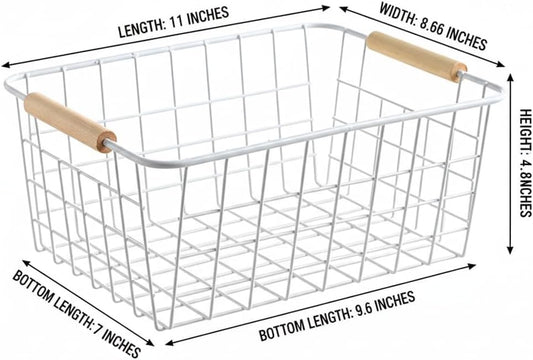 White Metal Wire Food Storage Basket with Wooden Handles for Organizing Snack Basket,Pantry Organizers and Storage for Kitchen Cabinets 4 Pack (Medium)