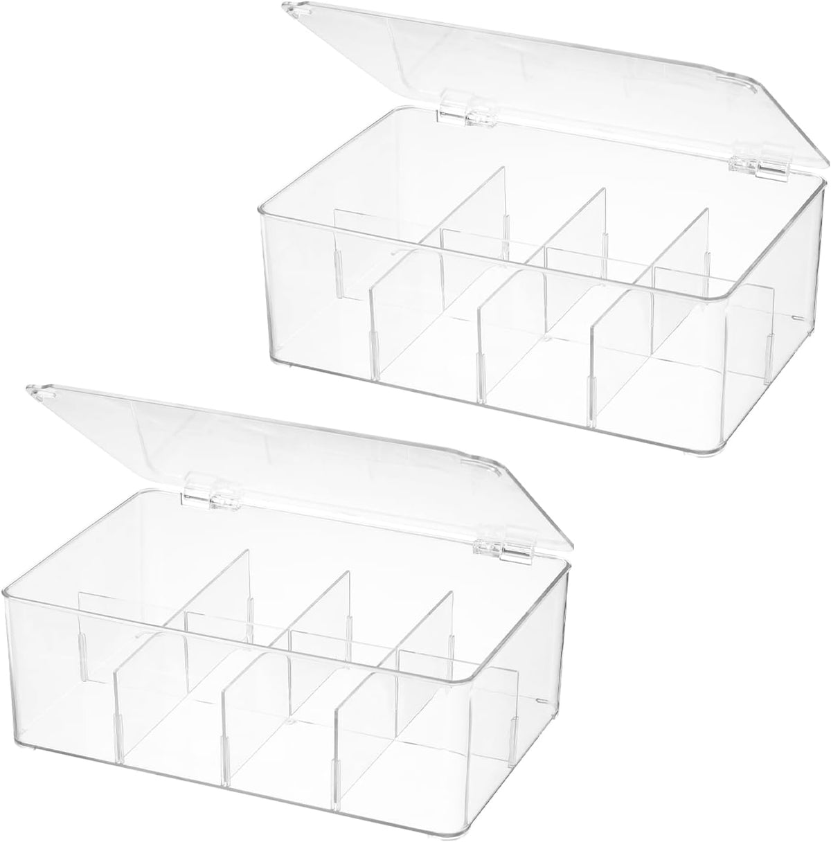 Divided Clear Plastic Organizer Bin with Hinge Lid, 8 Sections Tea Bag Storage Box for Kitchen, Snacks, Spice Packets,Pouches, Stackable Storage Bin