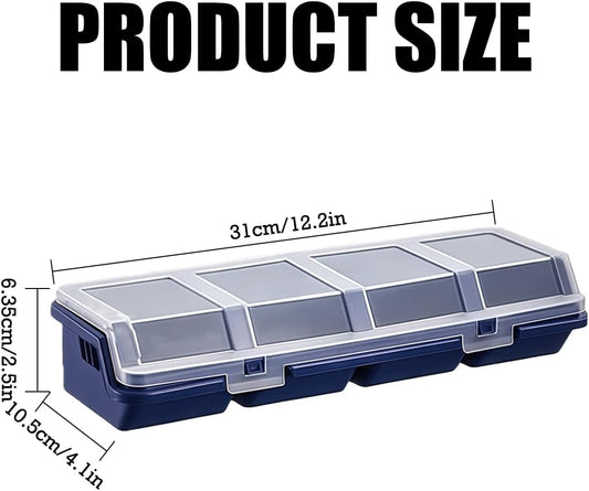 4 Pack Parts Organizer Box, 4 Compartment Hardware Storage Bin with Translucent Lid & Secure Lock, Heavy Duty PP Plastic Screw Bolt Nut Container, Stackable for Garage Workshop Workbench, Blue