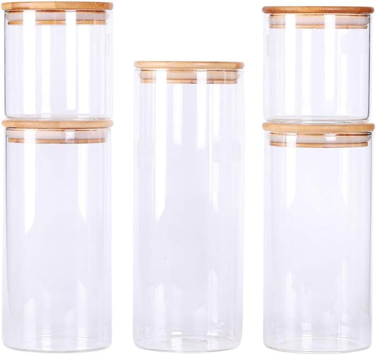 LEAVES AND TREES Y Stackable Kitchen Canisters Set, Pack of 5 Clear Glass Food Storage Jars Containers with Airtight Bamboo Lid for Candy, Cookie, Rice, Sugar, Flour, Pasta, Nuts