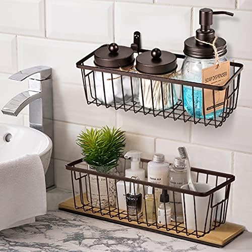 SheeChung Farmhouse Metal Wire Bin Basket with Wall Mount - Small, - Portable Hanging Wall Basket, Rustic Home Storage Organizer for Cabinets, Pantry, Closets, Bathroom, Kitchen,Bedroom(Black)