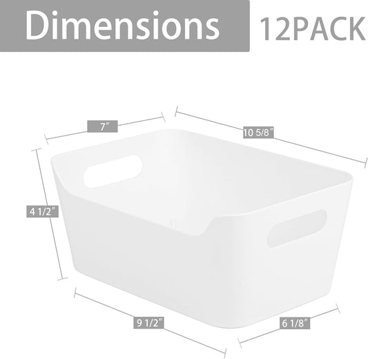 Tiawudi 12 Pack Storage Bins, Plastic Storage Containers, Multi-Use White Organizer Bins for Cabinet, Pantry, Drawer, Closet, Countertop or Shelves