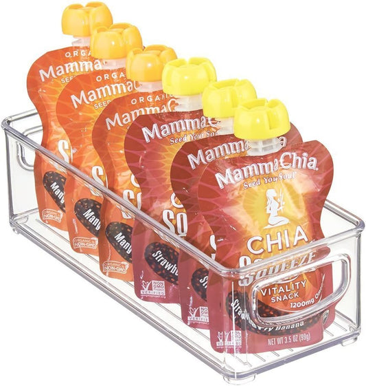 Stackable Plastic Food Storage Bin with Handles for Kitchen Pantry, Cabinet, Refrigerator, Freezer - Organizer for Fruit, Yogurt, Squeeze Pouches - BPA Free, 10" Long - Clear